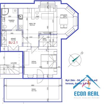 Pronájem zcela nového bytu 2kk 56 m2, terasa 18 m2, parkovací stání, ve vile, Havlíčkova, Kolín
